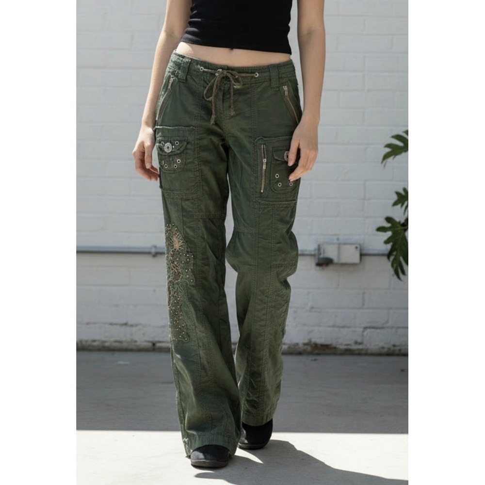 VTG Y2K Miss Me Dragon Cargo Pants Green Low Rise Flared Embroidered Studded L